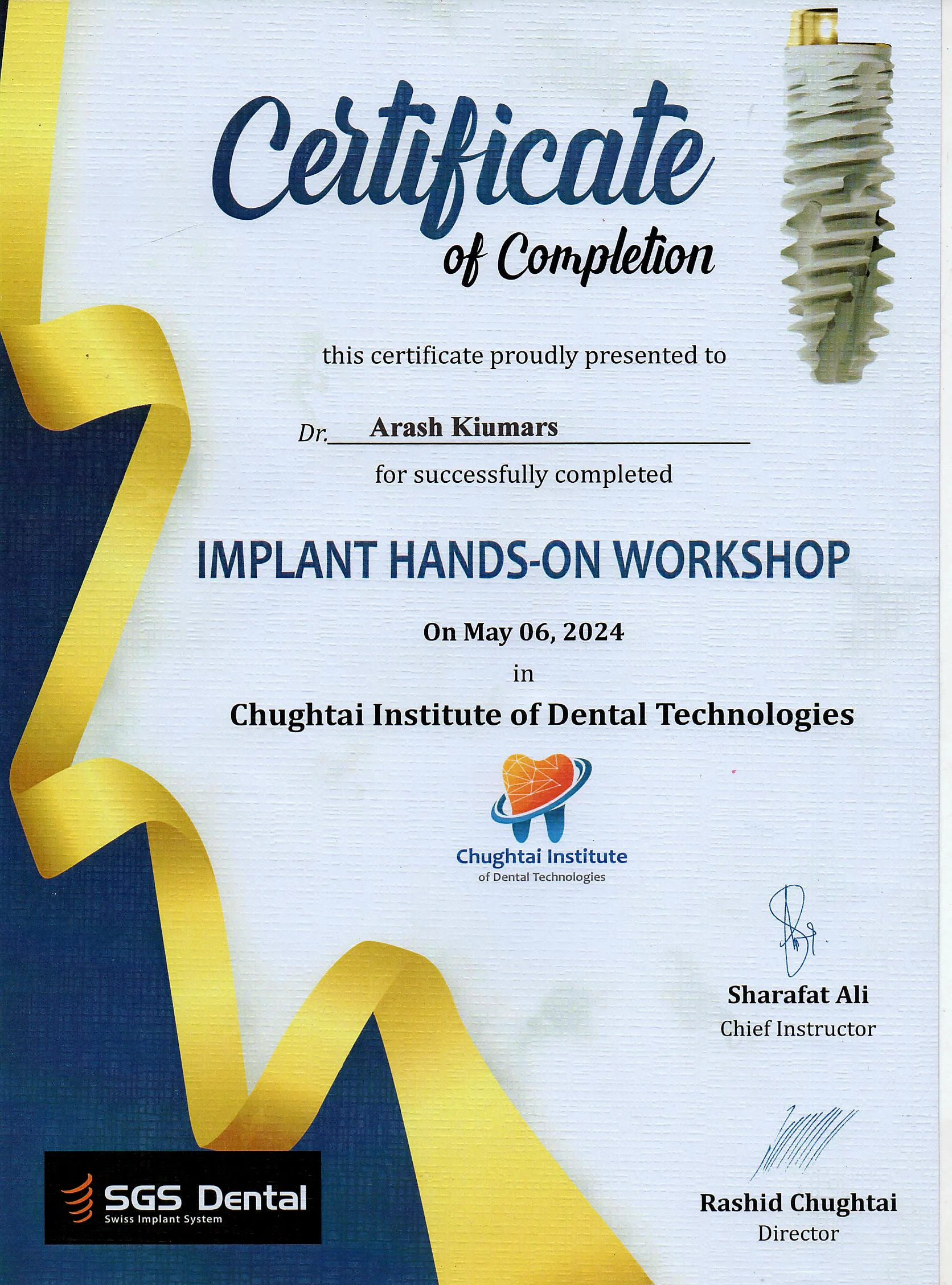 Certificate of completion: Implant Hands-On Workshop, 6 May 2024