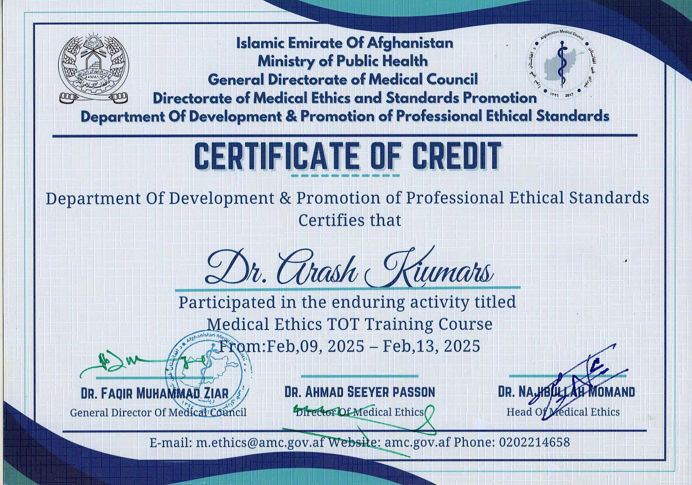 Certificate of credit: Medical Ethics TOT Training Course, February 2025