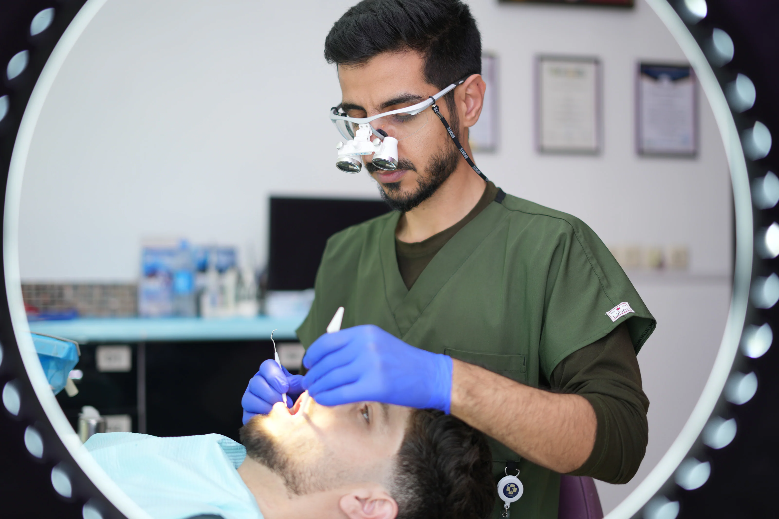 Dental examination seen through a ring light
